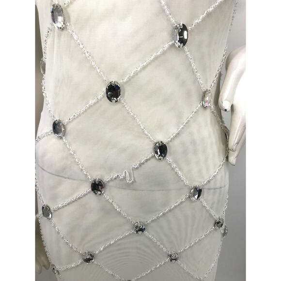 Akira White Chrissy Sheer Mesh Beaded Midi Party Dress Medium - Picture 5 of 15
